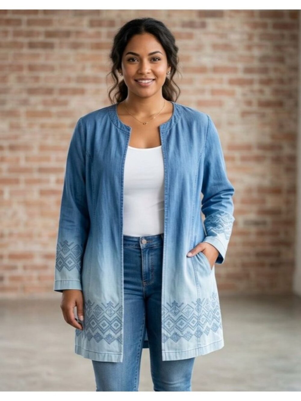 Chico's 1 US M 8 Blue Ombre Open Front Chambray Jacket Pockets Embroidery